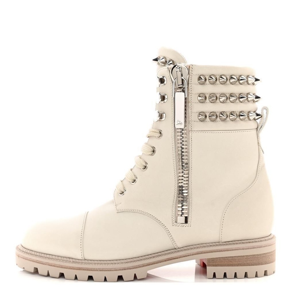 Christian Louboutin 'Winter' White Spikes Combat Flat Boots SZ 37.5/ 7 US  